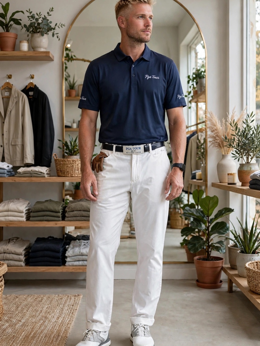 PGA Tour White Casual Pants with Navy Logo Tag
